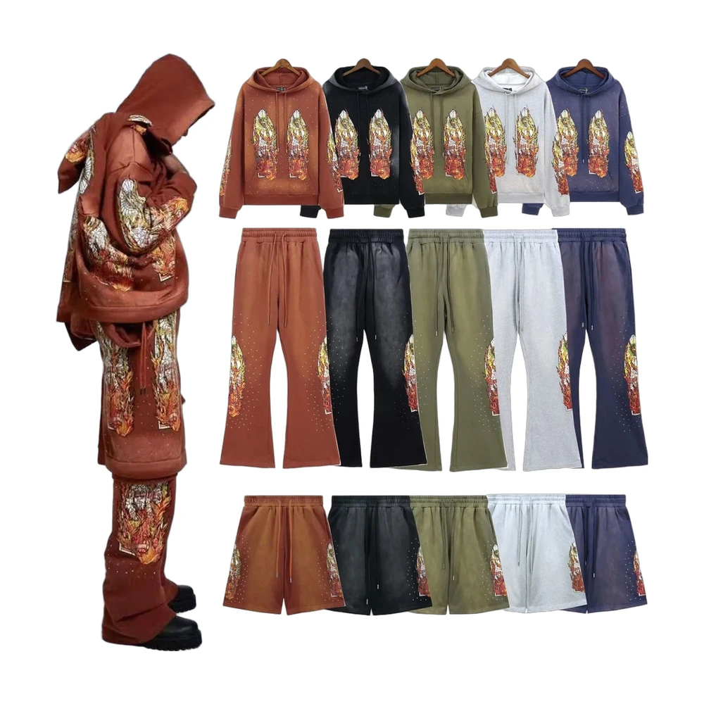 Embroidered Warrior God Graphic Hoodie and Flare Pants Set