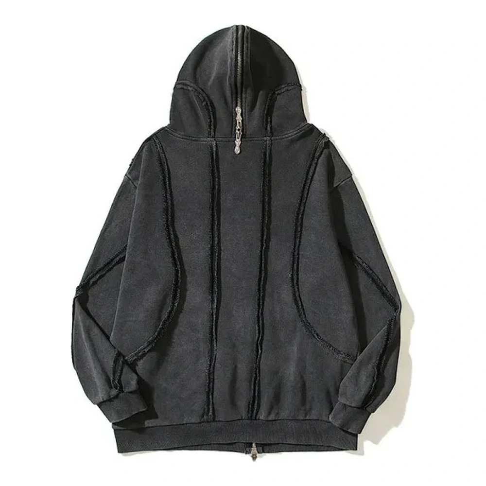 Washed Raw-Seam Double Zip Hoodie