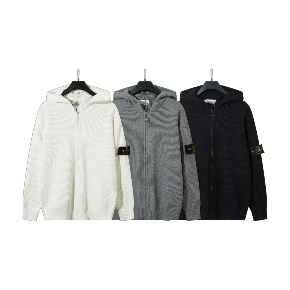 Stone Island Ribbed Knit Full-Zip Hooded Cardigan