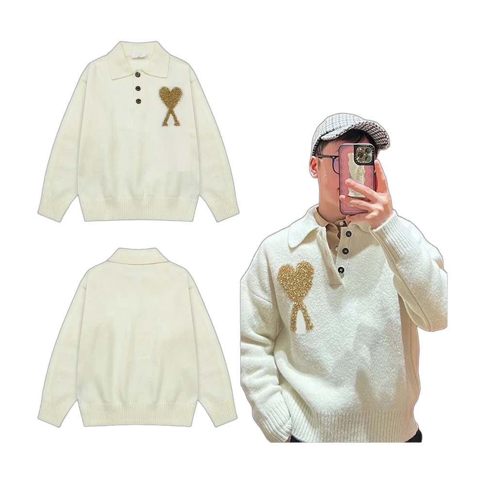 AMI Paris Ami de Coeur Glitter Heart Knit Polo
