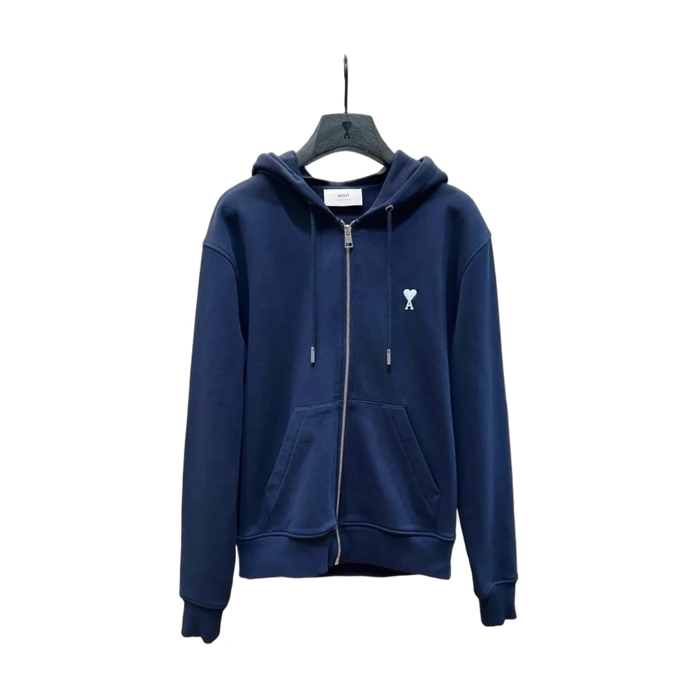 AMI Paris Ami de Coeur Zip-Up Hoodie (Navy Blue)