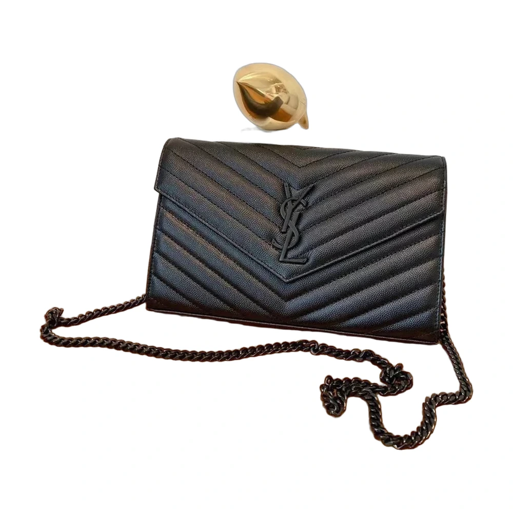 Saint Laurent Envelope Chain Wallet - Black Caviar Black Hardware