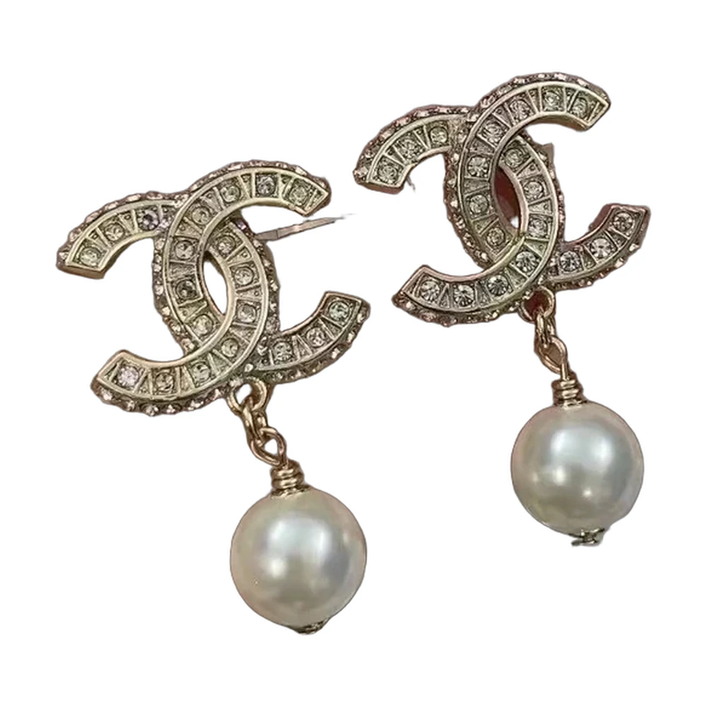 Chanel CC Crystal Pearl Drop Earrings Gold