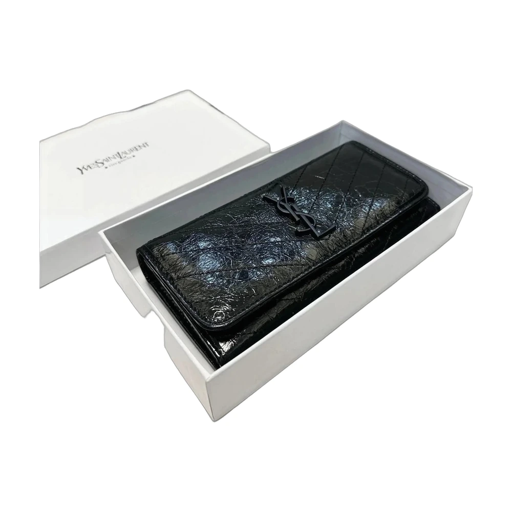 Saint Laurent Niki Crinkled Leather Long Wallet (Black)