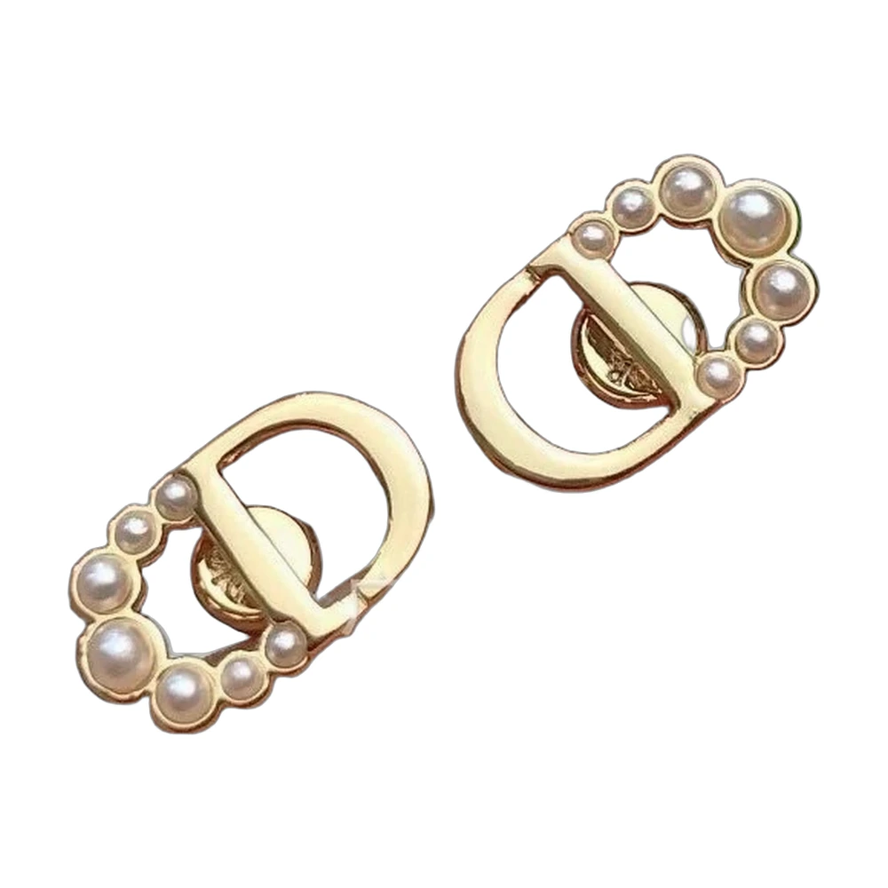 Dior CD Navy Pearl Stud Earrings Gold