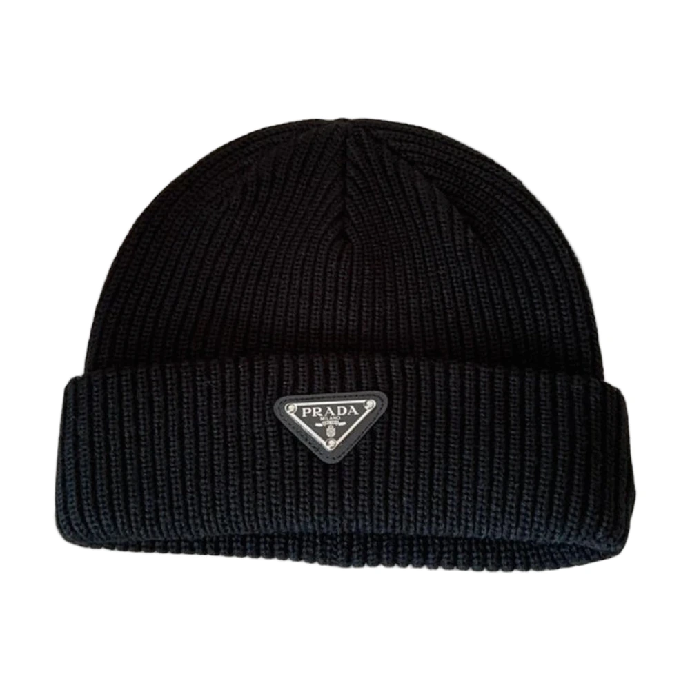 Prada Triangle Logo Ribbed Knit Beanie Black
