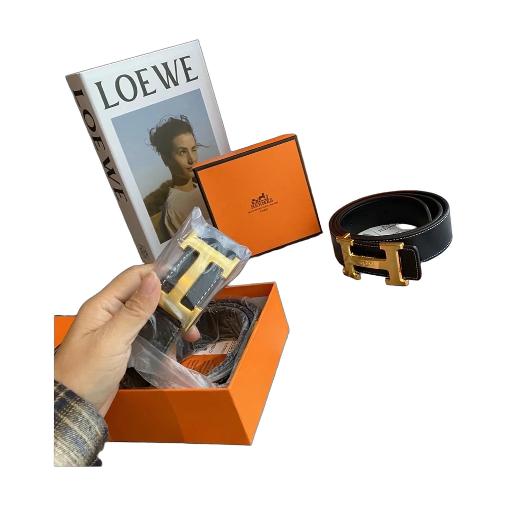 Hermes Constance H-Buckle Reversible Belt - Black with Gold Buckle