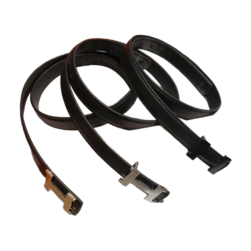 Hermes H Buckle Thin Leather Belt Set (Black)