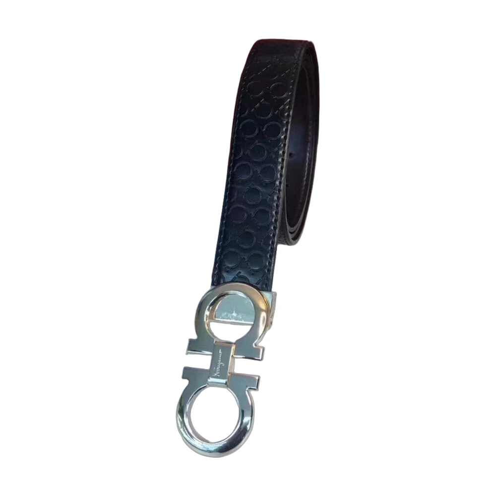 Salvatore Ferragamo Double Gancini Embossed Leather Belt Black