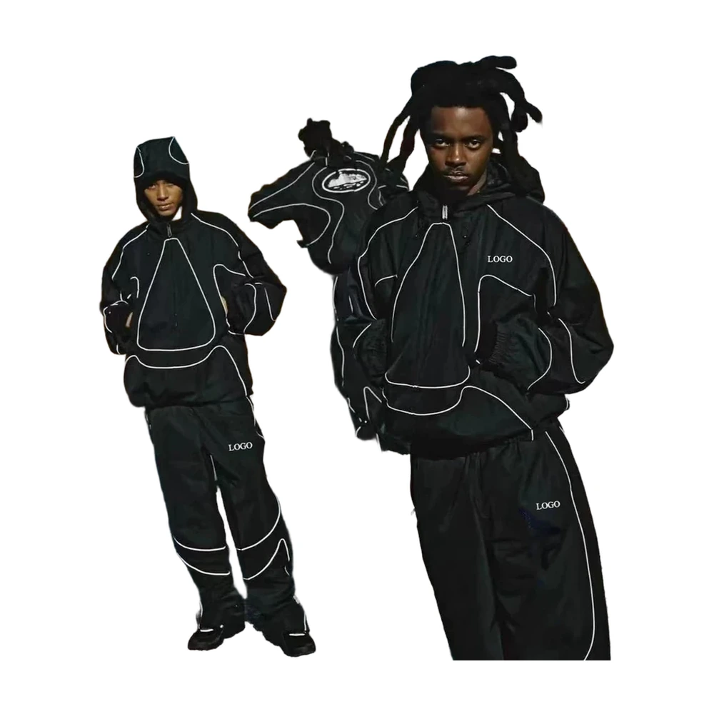 Black Piping Hooded Tracksuit Set