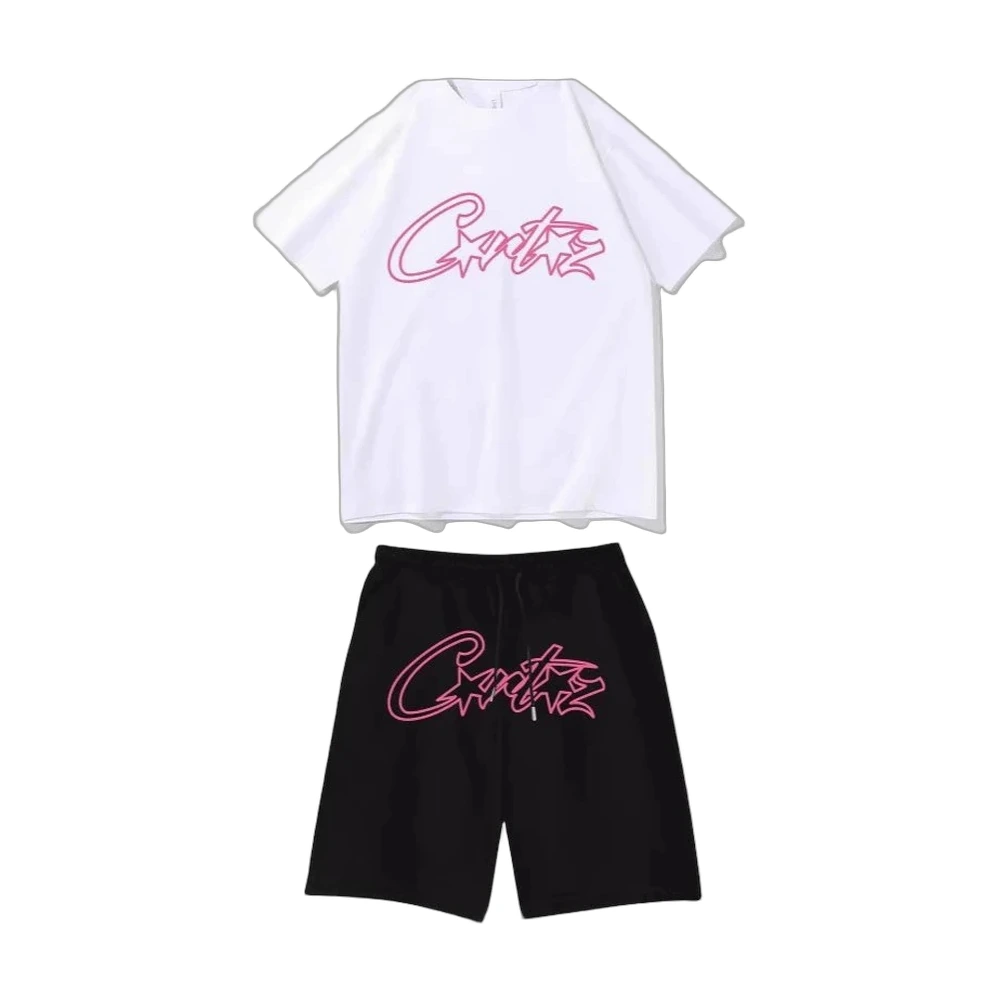Corteiz CRTZ Script Tee and Shorts Set Pink Logo