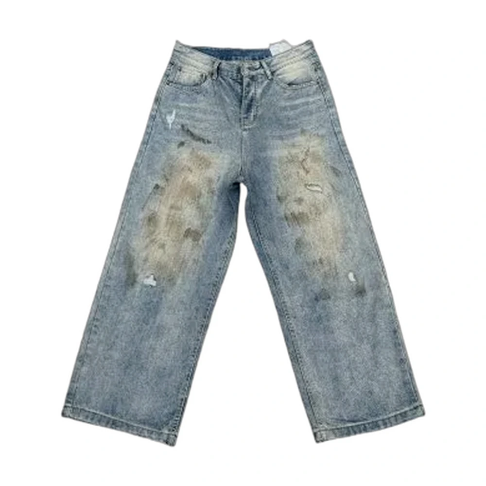 Distressed Wide-Leg Mud-Wash Jeans
