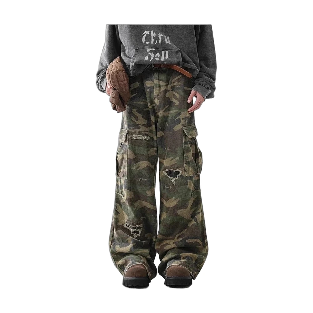 Distressed Camo Wide-Leg Cargo Pants