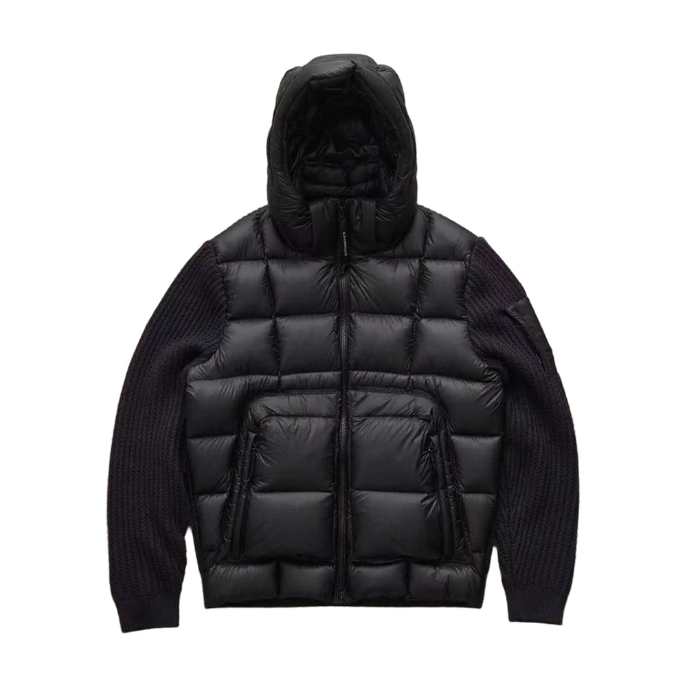 Stone Island Hooded Knit-Sleeve Down Jacket