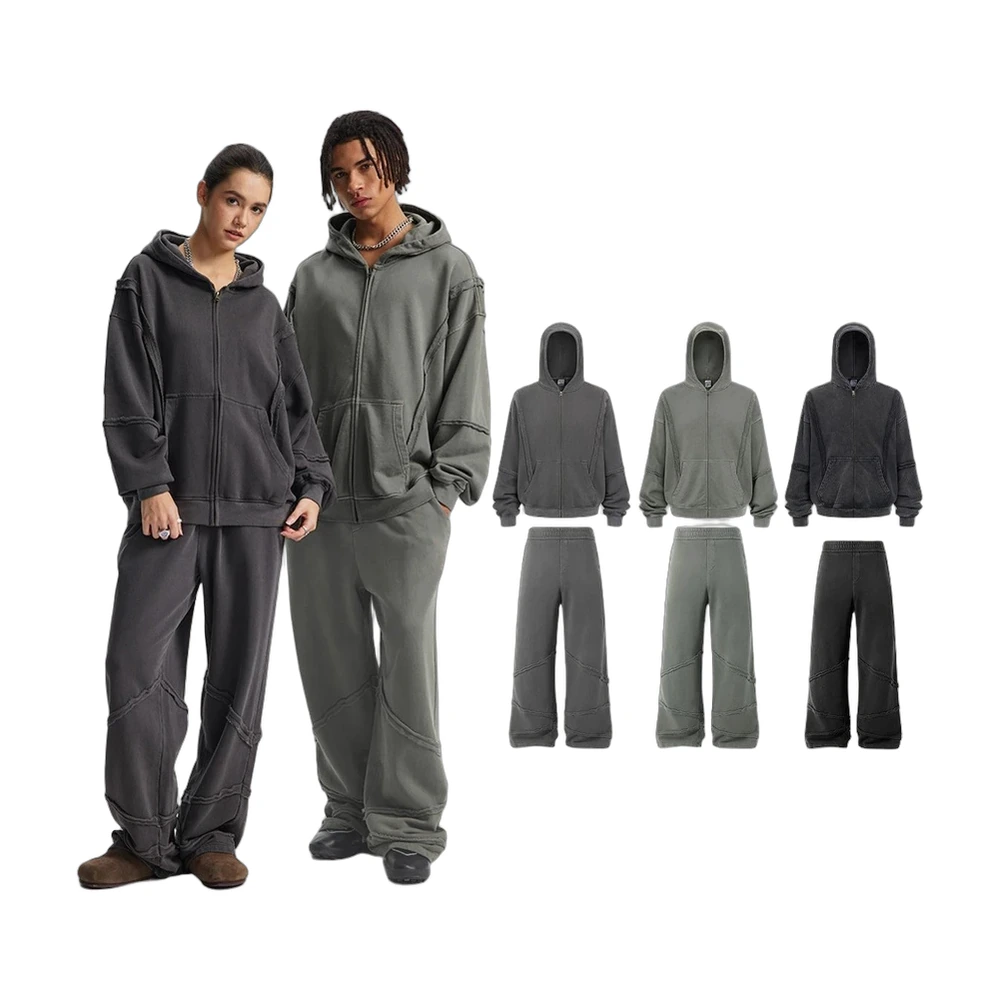 Washed Zip Hoodie and Wide-Leg Pants Tracksuit Set