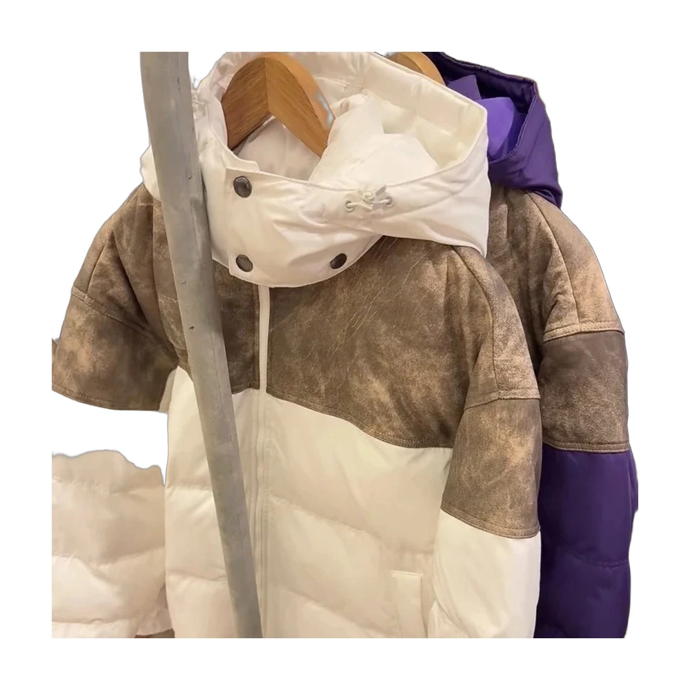 Two-Tone Distressed Hooded Puffer Jacket