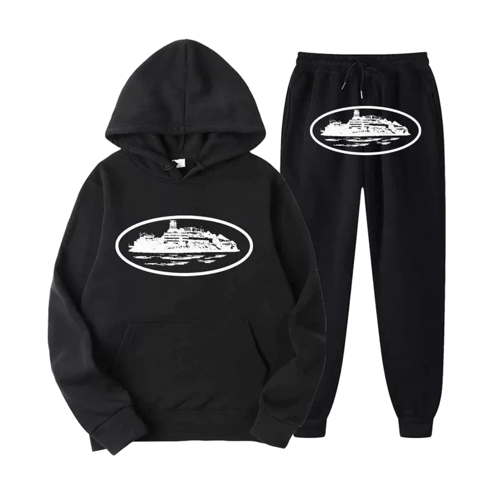 Corteiz Alcatraz Hoodie and Pants Set (Black)