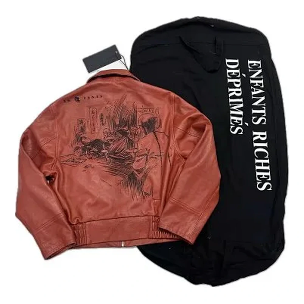 Rust Red Leather Bomber Jacket with Graphic Print