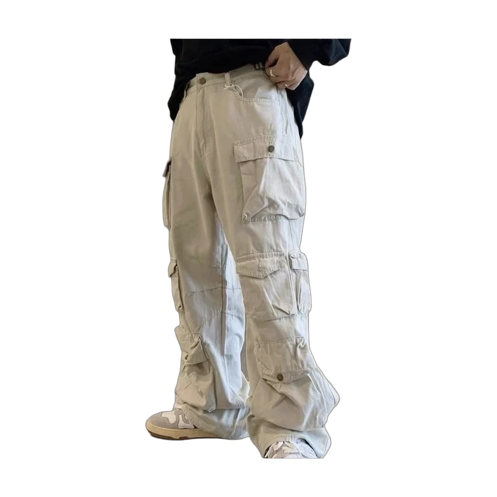Beige Multi-Pocket Wide-Leg Cargo Pants