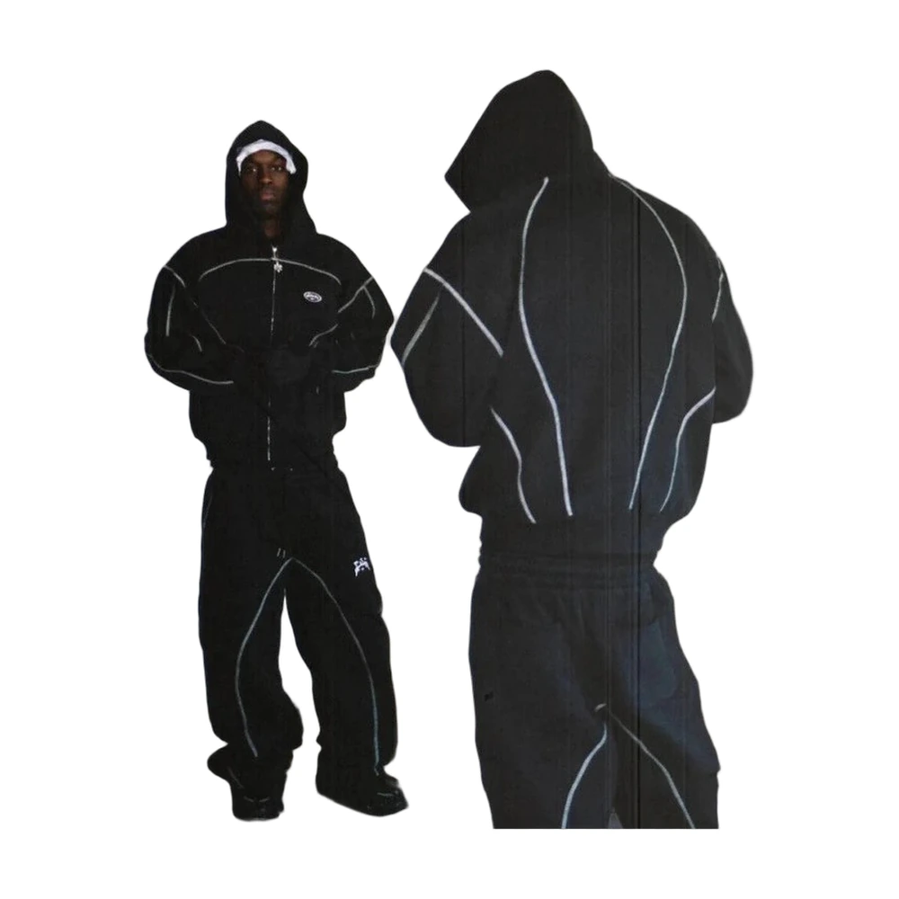 Black Reflective-Stitch Zip Hoodie Tracksuit Set