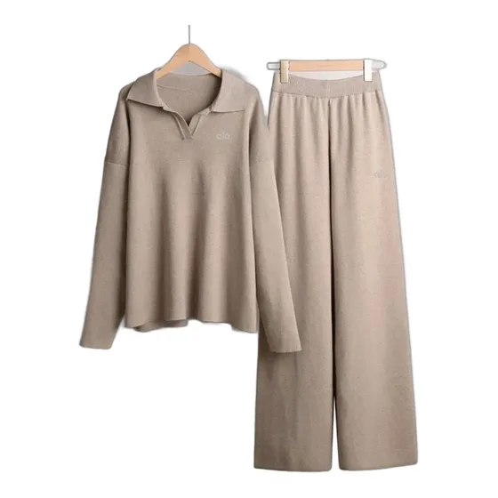 Knit Polo Sweater and Wide-Leg Pants Set