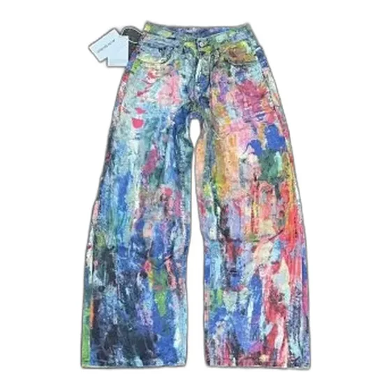 Distressed Wide-Leg Mud-Wash Jeans